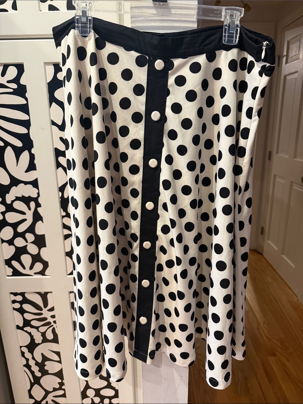 Unique Vintage Black & White Polka Dot Button-Front Skirt
